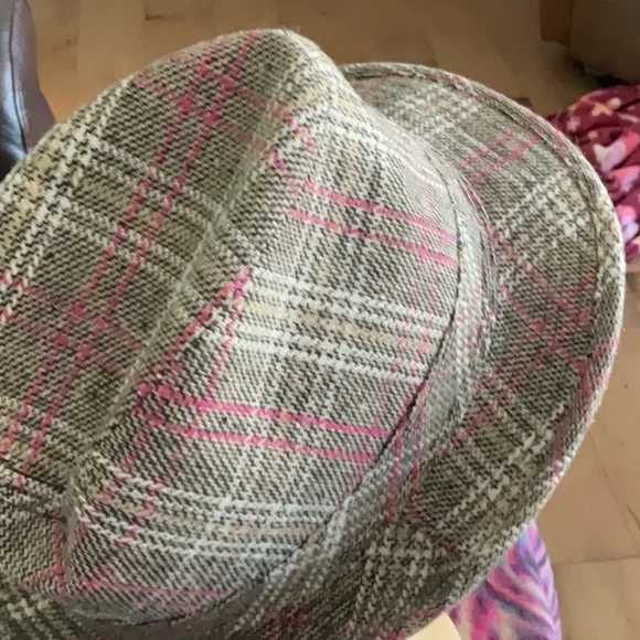 Pink and Brown Fedora Hat with Plaid Pattern - Picture 4 of 5